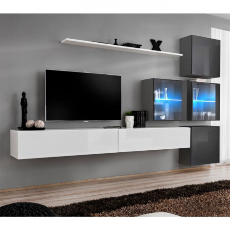 Meuble TV Mural Design "Switch XIX" 310cm Blanc & Gris|Meuble TV|Paris Prix