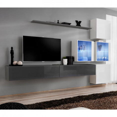 Meuble TV Mural Design "Switch XIX" 310cm Gris & Blanc|Meuble TV|Paris Prix