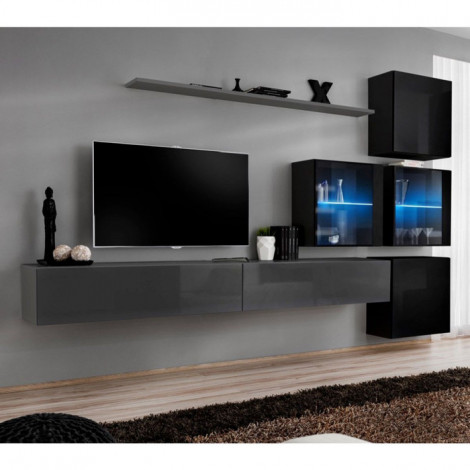 Meuble TV Mural Design "Switch XIX" 310cm Gris & Noir|Meuble TV|Paris Prix