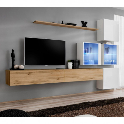 Meuble TV Mural Design "Switch XIX" 310cm Naturel & Blanc|Meuble TV|Paris Prix