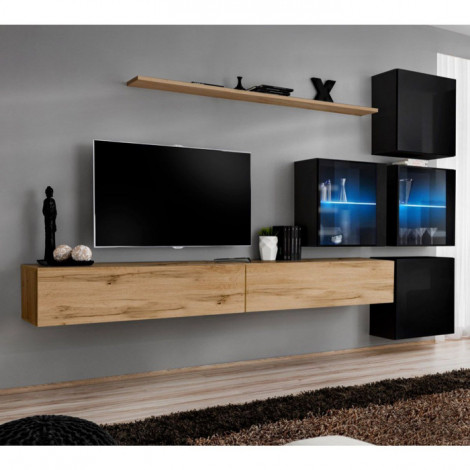 Meuble TV Mural Design "Switch XIX" 310cm Naturel & Noir|Meuble TV|Paris Prix