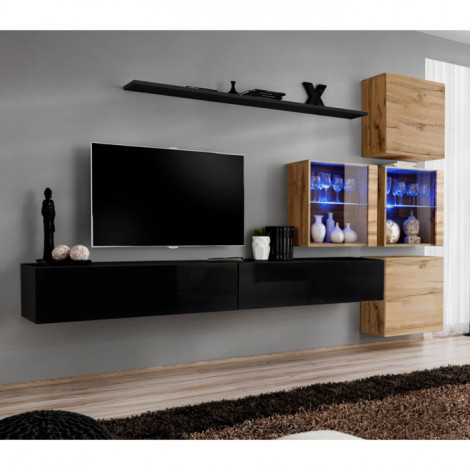 Meuble TV Mural Design "Switch XIX" 310cm Noir & Naturel|Meuble TV|Paris Prix