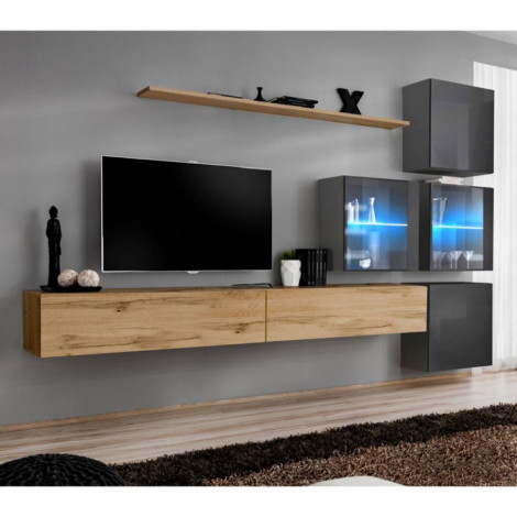 Meuble TV Mural Design "Switch XIX" 310cm Naturel & Gris|Meuble TV|Paris Prix