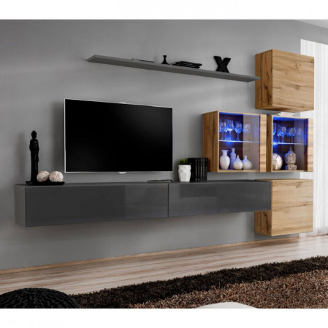 Meuble TV Mural Design "Switch XIX" 310cm Gris & Naturel|Meuble TV|Paris Prix