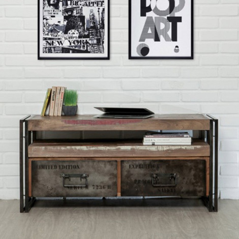 Meuble TV en Teck Industriel 2 Tiroirs "Loft" 110cm Marron|Meuble TV|Paris Prix