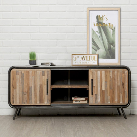 Meuble TV en Teck Industriel 2 Portes "Fusion" 150cm Naturel|Meuble TV|Paris Prix