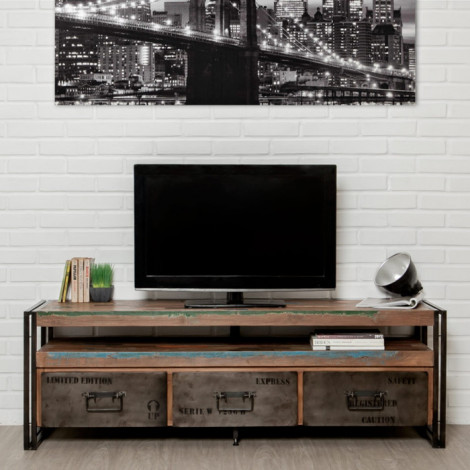 Meuble TV en Teck Industriel 3 Tiroirs "Loft" 160cm Marron|Meuble TV|Paris Prix