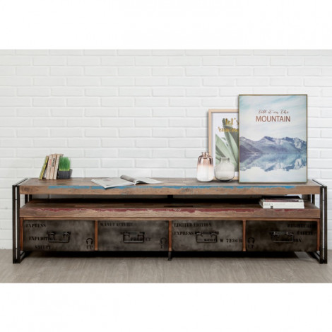 Meuble TV 4 Tiroirs en Teck Industriel "Loft" 210cm Marron|Meuble TV|Paris Prix