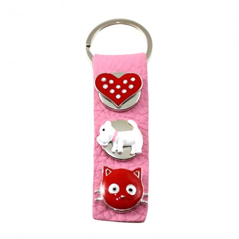 Porte-clés cuir rose à boutons pression coeur caniche chat