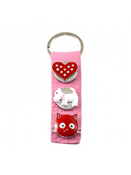 Porte-clés cuir rose à boutons pression "Coeur Caniche Chat"