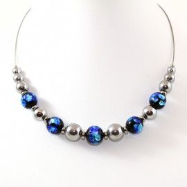 Collier Style Murano bleu et perles d'Hématite argenté