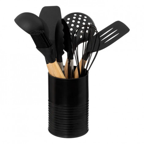 Lot de 7 Ustensiles avec Pot "Acacia" 30cm Noir|Equipement de Cuisine|Paris Prix