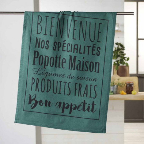 Torchon de Cuisine Imprimé "Popote" 50x70cm Émeraude|Linge de Cuisine|Paris Prix