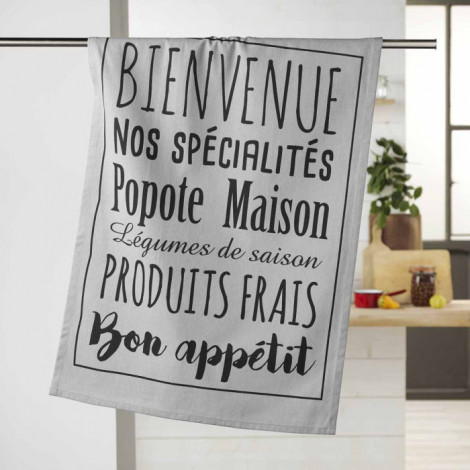 Torchon de Cuisine Imprimé "Popote" 50x70cm Gris|Linge de Cuisine|Paris Prix
