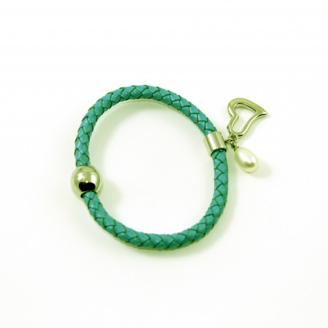 Bracelet Cuir Vert Et Perle