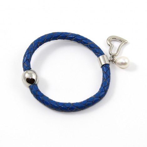 Bracelet Cuir Bleu Et Perle