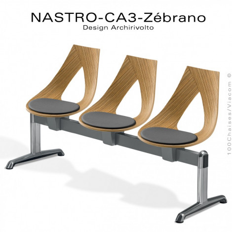 Banc design NASTRO-CA3 ou siège sur poutre, assise bois placage Zébrano avec coussin, piétement aluminium brillant.|Banquettes / Bancs / Poufs|100chaises