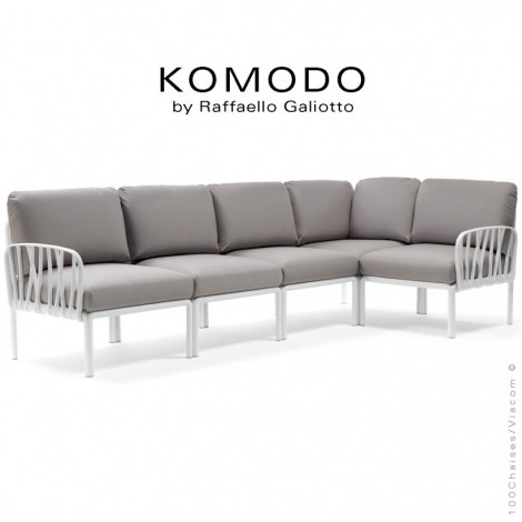 Canapé modulable design KOMODO, ensemble 5 modules plastique couleur, assise, dossier coussins tissu hydrofuge pour extérieur.|Banquettes / Bancs / Poufs|100chaises