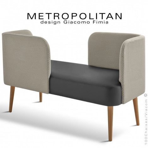 Banquette design conversation METROPOLITAN, piétement bois conique, assise habillage cuir, dossier tissu fantaisie.|Banquettes / Bancs / Poufs|100chaises