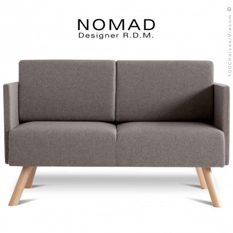 Banquette design NOMAD, deux places avec accoudoirs, piétement bois teinté, assise et dossier garnis habillage tissu tissé.|Banquettes / Bancs / Poufs|100chaises