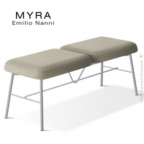 Banquette design MYRA, assise garnie de mousse, habillage tissu couleur, piétement acier peint ou chromé.|Banquettes / Bancs / Poufs|100chaises