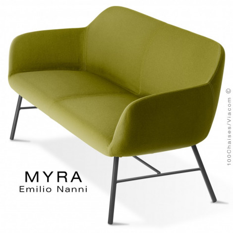 Banquette design MYRA, assise, dossier et accoudoirs garnis de mousse, habillage tissu couleur, piétement acier peint ou chromé.|Banquettes / Bancs / Poufs|100chaises