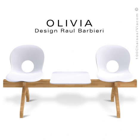 Banc design OLIVIA, piétement bois, assise 2 places coque plastique couleur avec tablette.|Banquettes / Bancs / Poufs|100chaises Banc design OLIVIA, piétement bois, assise 2 places coque plastique couleur avec tablette.|Banquettes / Bancs / Poufs|100chaises