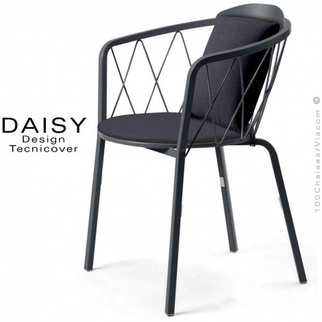 Fauteuil repas d'extérieur design DAISY, structure acier peint, assise dossier confort avec deux coussins habillage tissu.|Fauteuil / Chauffeuse|100chaises