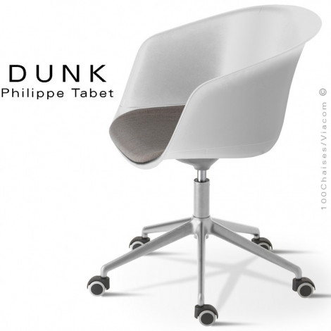 Fauteuil de bureau design DUNK, piétement aluminium avec roulettes, assise pivotante plastique couleur avec coussin tissu tissé.|Fauteuil / Chauffeuse|100chaises