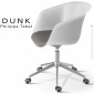 Fauteuil de bureau design DUNK, piétement aluminium avec roulettes, assise pivotante plastique couleur avec coussin tissu tissé.|Fauteuil / Chauffeuse|100chaises