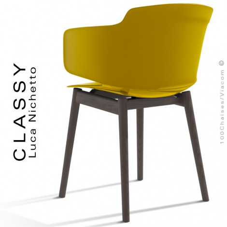 Fauteuil design CLASSY, piétement bois de Frêne vernis, assise coque plastique couleur avec accoudoirs.|Fauteuil / Chauffeuse|100chaises