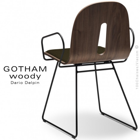 Fauteuil design GOTHAM WOODY-SL-P-I, piétement luge acier peint, assise bois placage Noyer, habillage tissu.|Fauteuil / Chauffeuse|100chaises