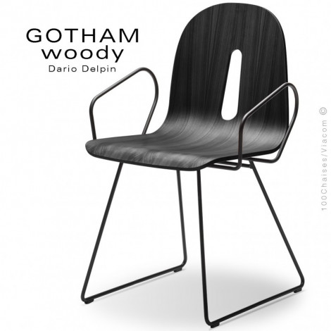 Fauteuil design GOTHAM WOODY-SL-P, piétement luge acier peint, assise coque bois, placage Noyer ou teinté noir mat.|Fauteuil / Chauffeuse|100chaises
