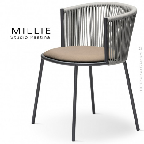 Fauteuil d'extérieur design MILLIE, piétement acier peint, cousin d'assise tissu hydrofuge, dossier corde marine tressé.|Fauteuil / Chauffeuse|100chaises
