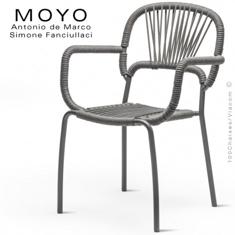 Fauteuil d'extérieur design MOYO, structure et piétement tube d'acier peint, avec accoudoirs, assise tressage corde marine.|Fauteuil / Chauffeuse|100chaises