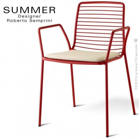 Fauteuil design SUMMER, pour terrasse et extérieur, structure acier peint couleur avec accoudoirs et coussin - Lot de 2 pièces.|Fauteuil / Chauffeuse|100chaises