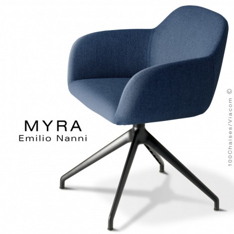 Fauteuil de bureau design MYRA, assise et dossier garnis de mousse, habillage tissu couleur, piétement 4 branches aluminium.|Fauteuil / Chauffeuse|100chaises