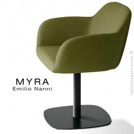 Fauteuil design MYRA, assise, dossier et accoudoirs garnis de mousse, habillage tissu couleur, colonne centrale acier peint.|Fauteuil / Chauffeuse|100chaises