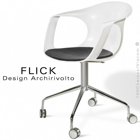 Fauteuil design roulettes FLICK, assise coque plastique couleur avec coussin, sur colonne centrale, 4 branches avec roulettes.|Fauteuil / Chauffeuse|100chaises
