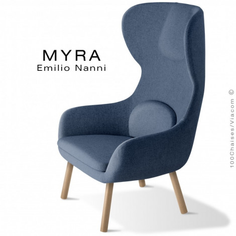 Fauteuil confort ou bergère MYRA, assise et accoudoirs garnis de mousse, habillage tissu couleur, piétement bois vernis.|Fauteuil / Chauffeuse|100chaises