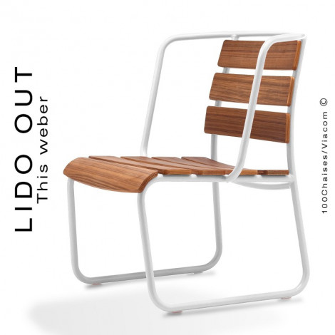 Fauteuil lounge LIDO OUT, piétement luge acier peint, assise bois Frêne, teinté aspect Teck.|Fauteuil / Chauffeuse|100chaises Fauteuil lounge LIDO OUT, piétement luge acier peint, assise bois Frêne, teinté aspect Teck.|Fauteuil / Chauffeuse|100chaises