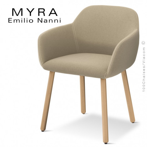 Fauteuil confort design MYRA, assise, dossier et accoudoirs garnis de mousse, habillage tissu couleur, piétement bois vernis.|Fauteuil / Chauffeuse|100chaises
