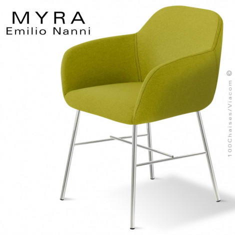 Fauteuil design MYRA, assise, dossier, accoudoirs garnis de mousse, habillage tissu couleur, piétement peint ou chromé brillant.|Fauteuil / Chauffeuse|100chaises