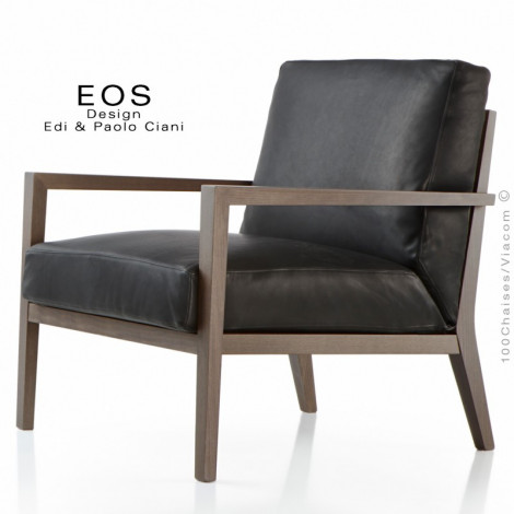 Fauteuil salon, bar lounge hôtellerie EOS, structure bois vernis, assise et dossier garnis, habillage cuir - Lot de 2 pièces.|Fauteuil / Chauffeuse|100chaises