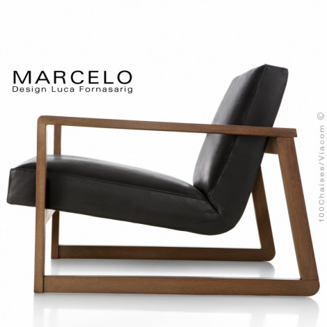 Fauteuil lounge pour salon ou lieu d'attente MARCELO, structure bois chêne vernis, assise et dossier garnis, habillage cuir.|Fauteuil / Chauffeuse|100chaises