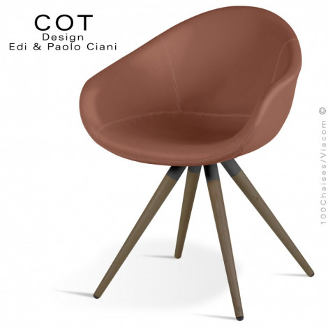 Fauteuil design COT, assise et dossier garnis de mousse, habillage cuir synthétique couleur, piétement bois vernis.|Fauteuil / Chauffeuse|100chaises
