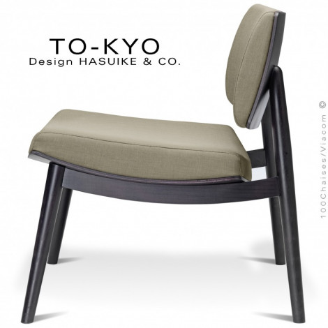 Fauteuil luxe lounge design TO-KYO, pour salle d'attente, structure bois teinté, assise et dossier garnis, habillage tissu.|Fauteuil / Chauffeuse|100chaises