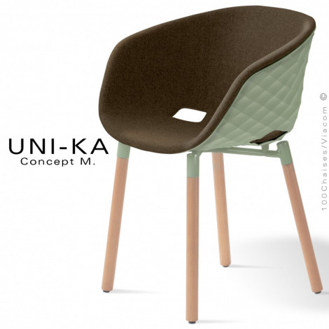 Fauteuil chic et tendance design UNI-KA, coque effet matelassé couleur, assise habillage tissu, piétement bois rond vernis.|Fauteuil / Chauffeuse|100chaises