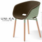 Fauteuil chic et tendance design UNI-KA, coque effet matelassé couleur, assise habillage tissu, piétement bois rond vernis.|Fauteuil / Chauffeuse|100chaises