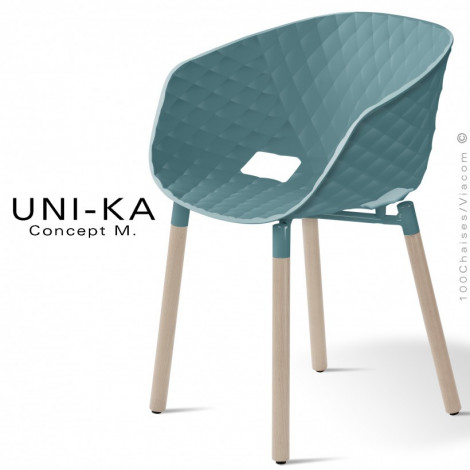 Fauteuil chic et tendance UNI-KA, assise coque plastique effet matelassé couleur, piétement 4 pieds bois rond vernis.|Fauteuil / Chauffeuse|100chaises